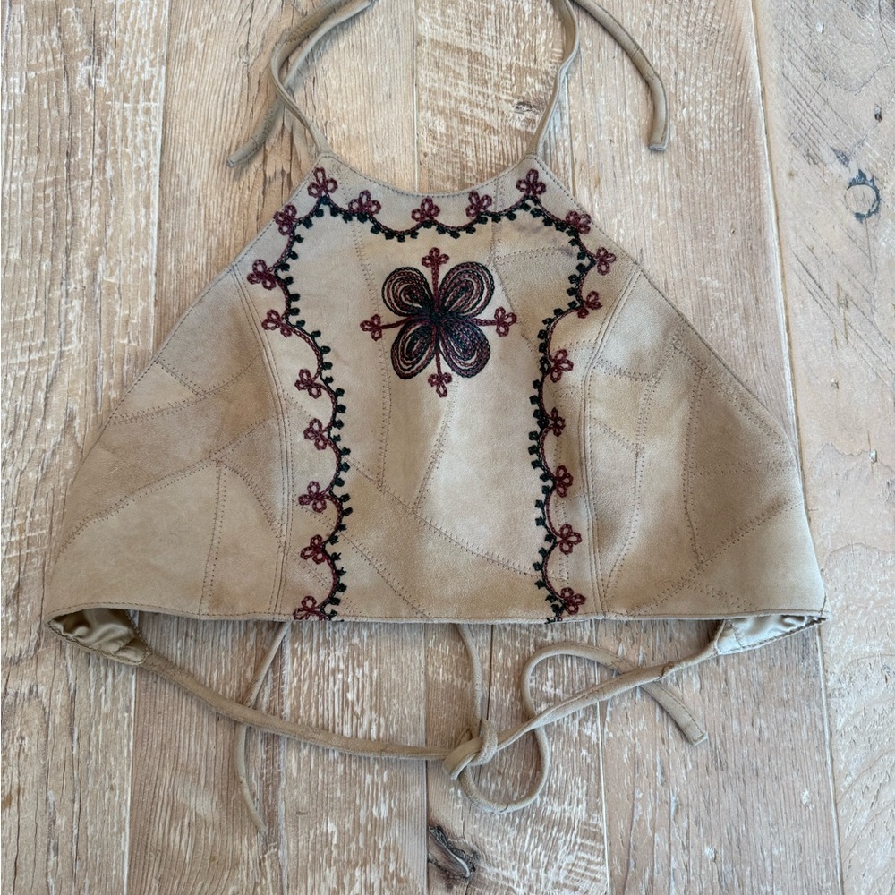 Ash Brown Embroidered Suede Halter Crop Top Hot Topic Y2K NWT